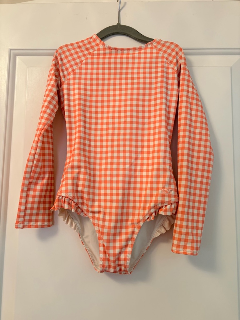 Vineyard Vines Coral and White Gingham Long-Sleeve Rashguard One-Piece Swim 7-8